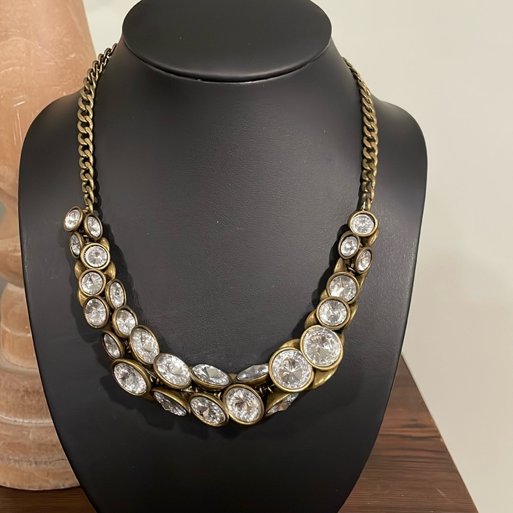 Vintage Statement Necklace Brass Tone Chain Faceted Glass Beads On Shanks